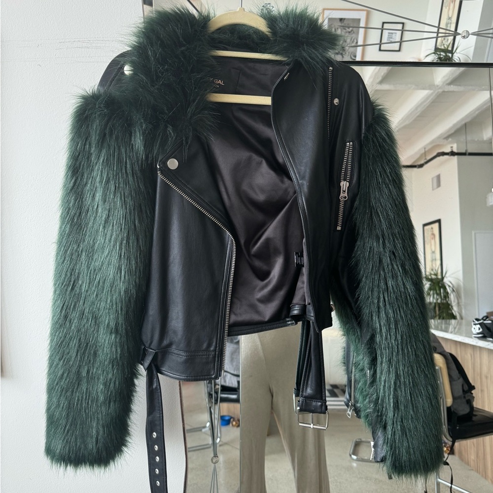 Nasty Gal green faux fur and leather jacket with belt